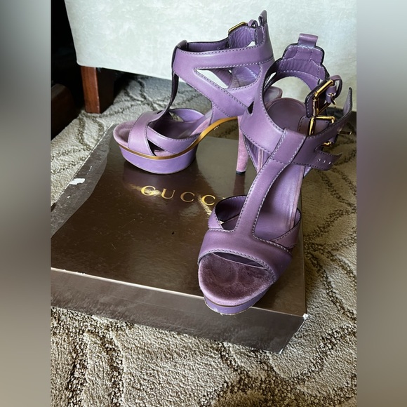 Gucci Shoes - GUCCI " IMAN " Runway Purple Leather T Strap Double Buckle Sandals 37.5 Preowed